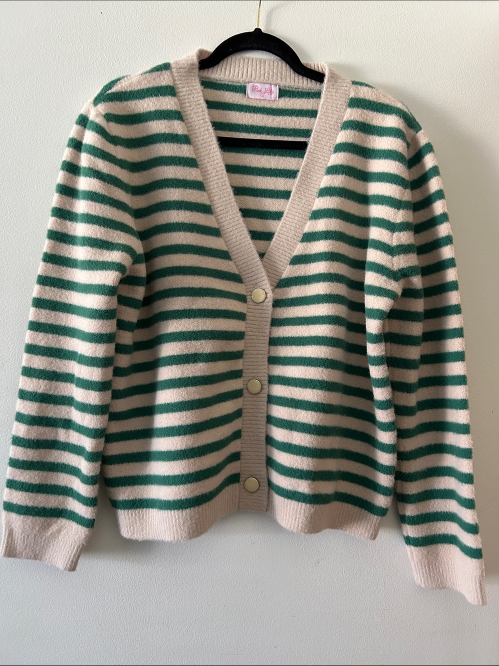 Pink Lily Green and Cream Striped V-Neck Cardigan